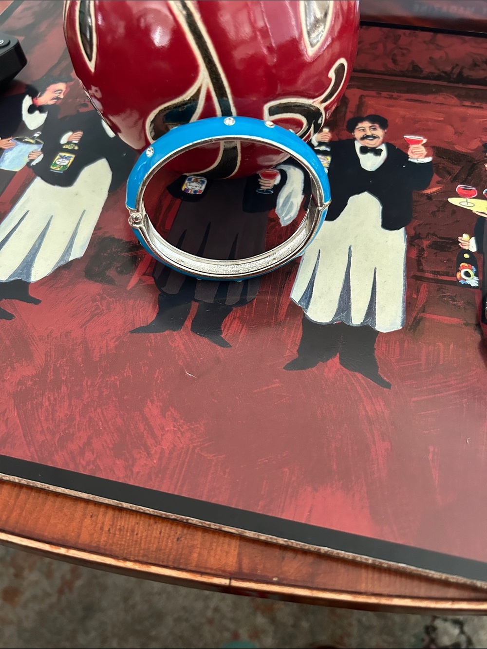 Blue Enamel Hinged Bracelet with Silver Accents